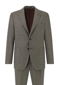 Harmaa ruudullinen puku, jossa on muotoiltu bleiseri kaksilla etutaskuilla ja siihen sopivat housut. Sileä rakenne ja räätälöity istuvuus.