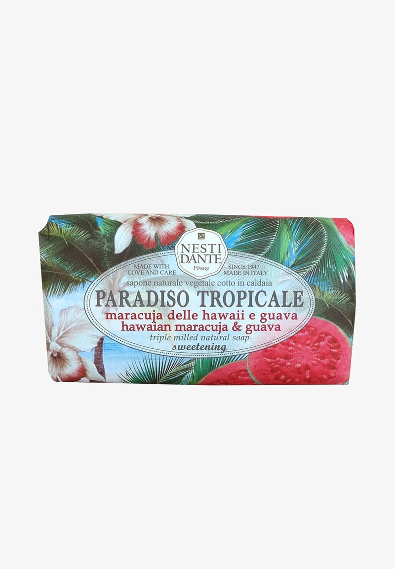 Nesti Dante Paradiso Tropicale Seifenstück mit tropischen Blumen- und Fruchtillustrationen, mit dem Duft von hawaiianischer Maracuja und Guave.