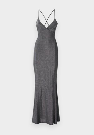 Metallik hall maksikleit, millel on sobiv kehaosa, V-kaelus ja ristatud spagetihihnad. Laienev alumine serv lisab liikumist ja kuju.