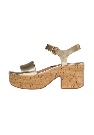 Gold metallic platform sandals with cork block heels, adjustable ankle strap, and open toe design. Smooth texture with minimalist accents.