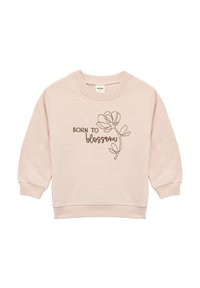 Lichtroze sweatshirt met geribbelde manchetten en halslijn. Bevat bruin geborduurde tekst "BORN TO" en een bloemontwerp. Zacht katoenmixmateriaal.