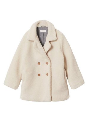 Manteau teddy crème à double boutonnage avec col à larges revers, manches longues et deux boutons marron de chaque côté.