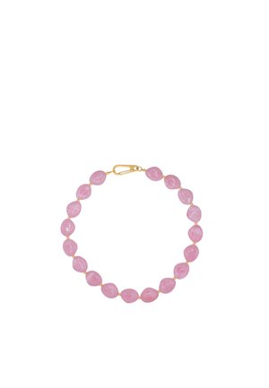 Bracelet with polished pink oval stones linked by small gold beads, secured by a gold clasp.