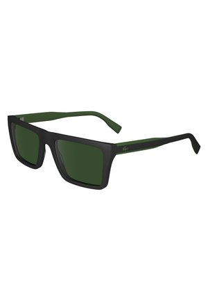 Black and green sunglasses with square lenses, matte frame, and green accents on the arms. Features a logo on the temple.