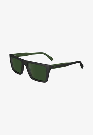 Black and green sunglasses with square lenses, matte frame, and green accents on the arms. Features a logo on the temple.