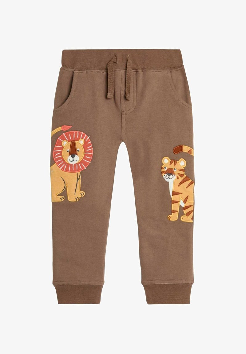 Braune Baumwoll-Jogginghosen mit gestickten Löwen- und Tigerdesigns auf der Vorderseite. Mit elastischem Bund und Seitentaschen ausgestattet.