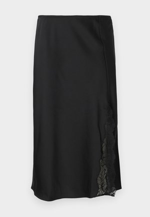 Black satin skirt with a smooth texture, featuring a lace accent on one side and a straight hem. Elastic waist for flexible fit.