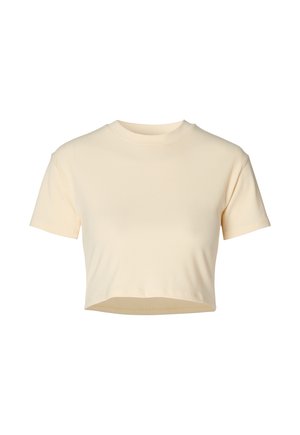 Cropped T-shirt van zachte, geribbelde stof; lichtgele kleur; korte mouwen; ronde halslijn; ontspannen pasvorm met een rechte zoom.
