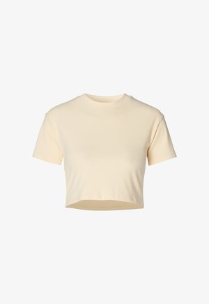 Krótka koszulka wykonana z miękkiego, prążkowanego materiału; jasny żółty kolor; krótkie rękawy; okrągły dekolt; luźny krój z prostym dołem.