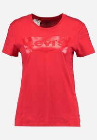 Rød bomulds T-shirt med rund hals og korte ærmer, prydet med et stort, blankt sort "Levi's" logo trykt på forsiden.