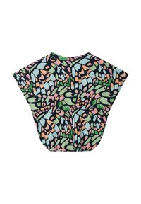 Multikleurige kleding met een vlinderpatroon en een losse, cape-achtige stijl. Bevat tinten blauw, roze, groen en zwart, gemaakt van zachte stof.