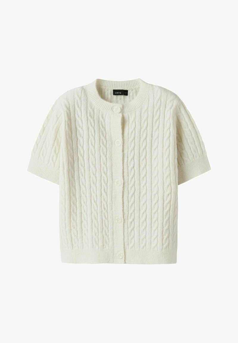 Lühikeste varrukatega kreemivärvi kardigan, millel on nöörkudumismuster, ümar kaelus ja viie nupuga esitasku; tekstureeritud kangas ribidega äärtega.