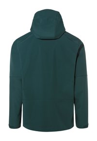 Veste verte imperméable avec une capuche, texture lisse, coupe droite, poignets ajustables et minimalisme des détails à l'arrière.