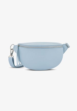 Light blue leather bag with a rounded shape, featuring a zip closure, adjustable strap, and smooth texture. Silver hardware accents included.