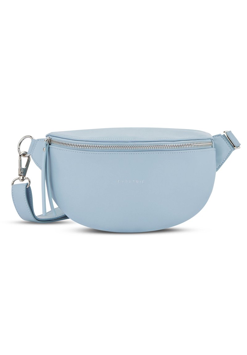 Borsa in pelle blu chiaro con forma arrotondata, dotata di chiusura con zip, tracolla regolabile e superficie liscia. Include dettagli in metallo argentato.