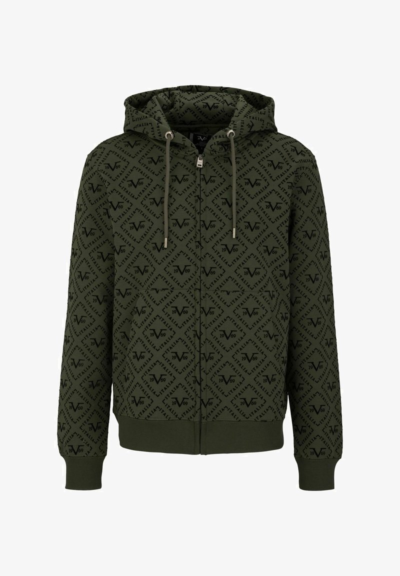 Felpa con cappuccio verde scuro con zip e coulisse, caratterizzata da un motivo all-over di loghi geometrici neri e testo, con polsini e orlo a costine.