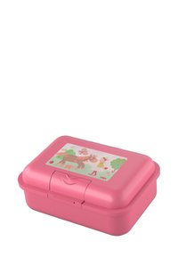 Pink plastic lunchbox with rounded edges, featuring a lid illustration of a girl and horse on a green background. Contains a central clasp.