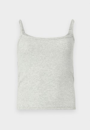 Débardeur côtelé gris avec des bretelles fines et une coupe ajustée, présentant une texture douce et un ourlet droit pour une silhouette classique.