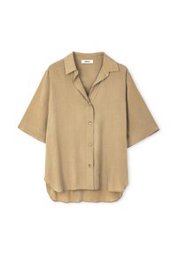 Short-sleeve, tan button-up shirt made of lightweight fabric, featuring a collar, front buttons, and a curved hemline.