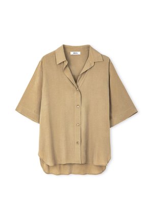 Chemise à manches courtes, couleur beige, à boutons, fabriquée en tissu léger, dotée d'un col, de boutons sur le devant et d'un ourlet incurvé.