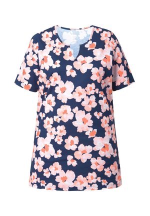 Marineblaues Kurzarmhemd mit rundem Ausschnitt und durchgehendem pink-weißem Blumenmuster.