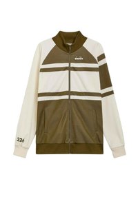 Giacca zip-up marrone e crema con colletto, caratterizzata da un design geometrico, tasche e strisce bianche. Include un dettaglio numerico sulla manica.