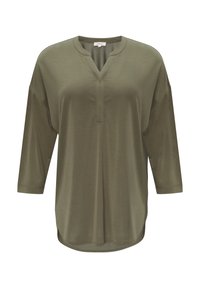 Khaki-grünes Langarmhemd mit V-Ausschnitt, lockerer Passform und seitlichen Schlitzen für zusätzlichen Komfort. Hergestellt aus weichem, leichtem Material.