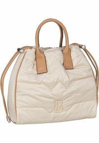 Beige gesteppte Nylon-Handtasche mit braunen Lederelementen, runden Griffen und einem Zugverschluss. Mit einem dekorativen 'B'-Logo auf der Vorderseite.