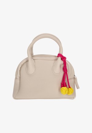 Beige nahkainen käsilaukku, jossa pyöristetty muoto, kaksinkertaiset kahvat sekä vaaleanpunaiset ja keltaiset koriste-solmut. Pinta on teksturoitu ja siinä on turvallinen vetoketju.