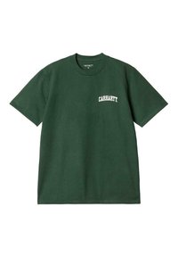 Camiseta de algodón verde con mangas cortas, cuello redondo y texto de logo blanco "CARHARTT" en el lado izquierdo del pecho. Ajuste clásico, textura suave.