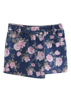 Džínsová minisukňa s ružovým a béžovým kvetinovým vzorom, predné vrecká, púzdra na opasok a strieborné zapínanie na gombík.