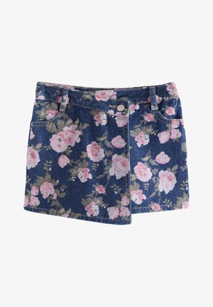 Denim mininederdel med pink og beige blomstertryk, forlommer, bæltestropper og sølvknaplukning.