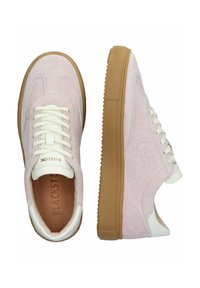 Pink suede sneakers with white leather accents, featuring a rubber gum sole, round laces, and perforated detailing on the sides.