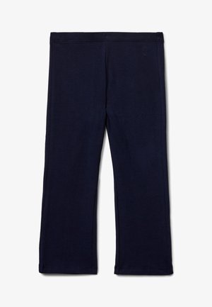 Marineblauwe leggings van een zachte stof. Voorzien van een soepele tailleband en een klein logoaccent aan de linkerkant. Recht model.