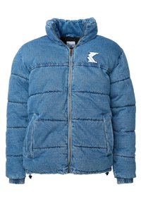 Blue denim puffer jacket with a high collar, padded design, front zipper, and elastic cuffs. Features a white logo on the chest.
