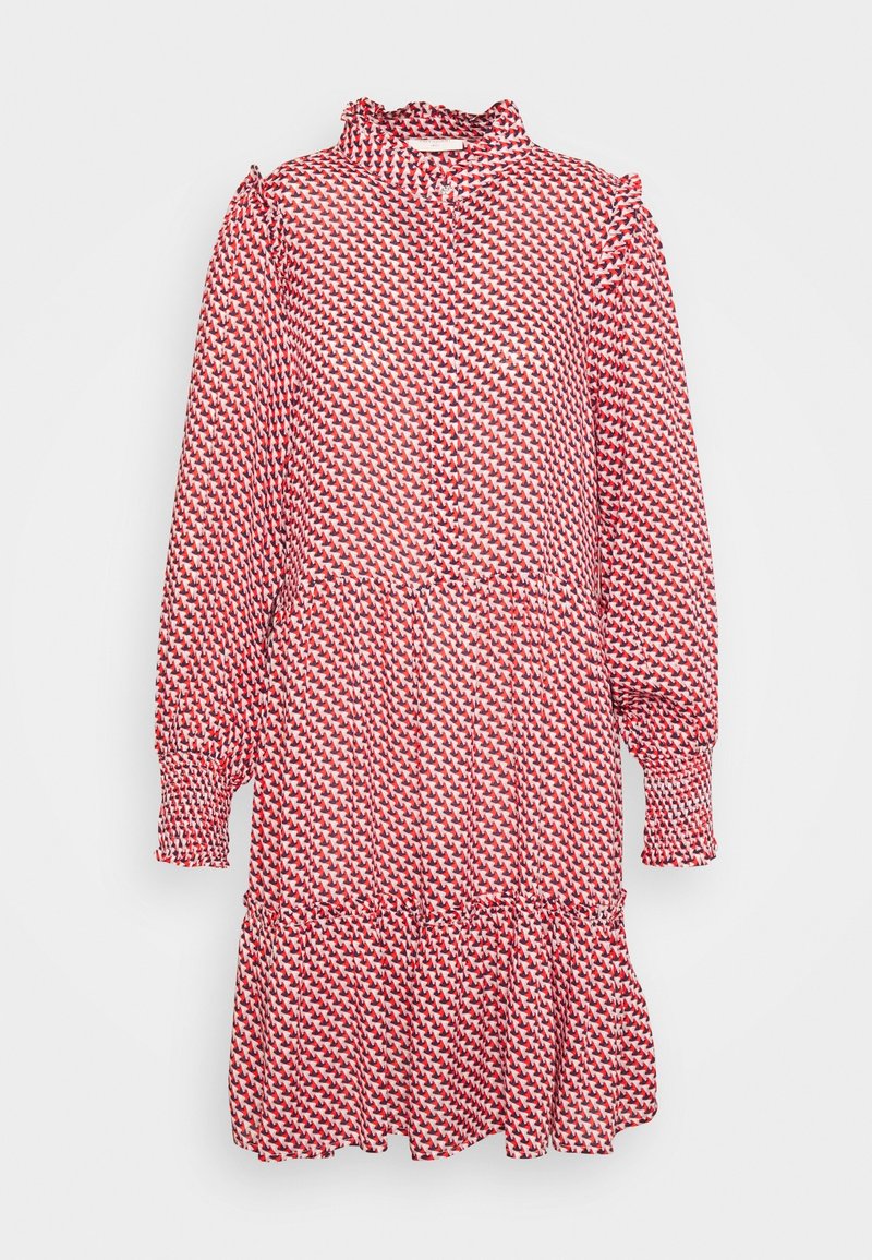 Robe à manches longues avec motif géométrique rouge, rose et noir, col montant à volants, poignets froncés et ourlet à volants.