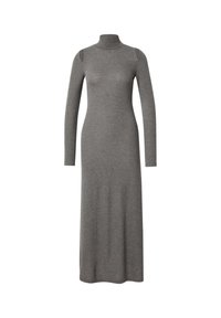Robe à manches longues et col haut en doux tissu tricoté gris. Design ajusté, longueur maxi avec une texture homogène et sans motifs proéminents.