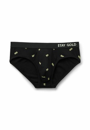 Schwarze kurze Unterwäsche mit verstreuten grünen Dollar-Scheindrucks und dem Text "STAY GOLD" auf dem hellgrünen Bund.