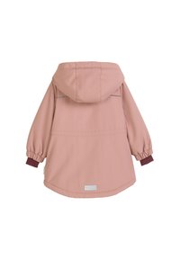 Gepolsterte pinke Jacke mit Kapuze, elastischen Bündchen und kastanienbraunen Akzenten. Verfügt über eine glatte Textur und einen geschwungenen Saum. Reflektierende Details inklusive.