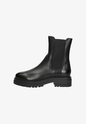 Zwarte leren enkelboots met elastische zijkanten, een ronde neus en een dikke, gestructureerde rubberen zool. Soepele afwerking met een casual ontwerp.