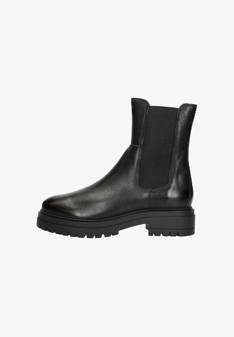 Zwarte leren enkelboots met elastische zijkanten, een ronde neus en een dikke, gestructureerde rubberen zool. Soepele afwerking met een casual ontwerp.