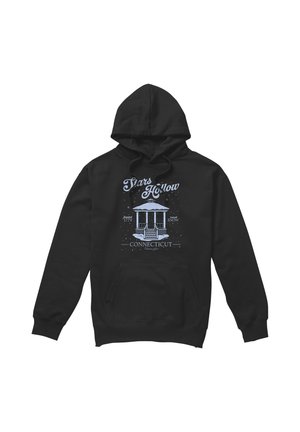 Black hoodie with front pocket featuring a light blue Stars Hollow Connecticut gazebo design and text about snow and founding year 1779.