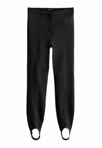 Mustat leggingsit, jotka on valmistettu joustavasta materiaalista ja joissa on muotoiltu design. Niissä on vyötärönauha, etuaukko ja nilkka-silmukat turvalliseen istuvuuteen.