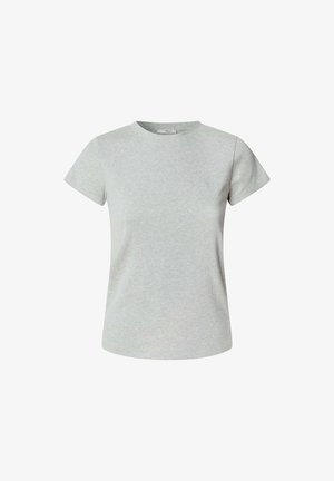 Šedé bavlnené tričko s krátkymi rukávmi a okrúhlym výstrihom. Hladká textúra, klasický strih a žiadne viditeľné vzory ani ozdoby.