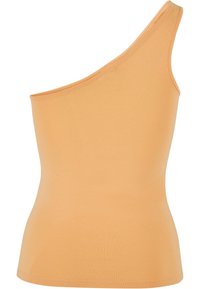 Top beige sans manches avec une seule bretelle d'épaule, coupe ajustée, tissu lisse, sans motifs ni ornements visibles.