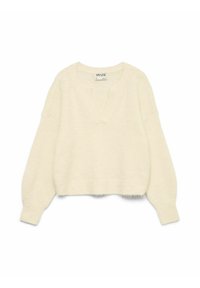 Elfenbensfärgad stickad tröja med djup V-ringning, långa ärmar och ribbad nederkant. Mjuk textur; något kortad design med oversized passform.