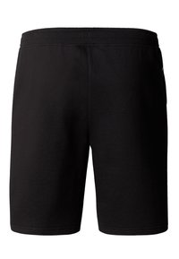 Pantalones cortos de algodón negro con una cintura elástica y una textura suave. Presentan un diseño simple y sin patrones o acentos visibles.