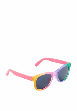Lunettes de soleil colorées avec un design dégradé, présentant des branches roses et une transition du orange au vert sur la monture ; verres teintés foncés.