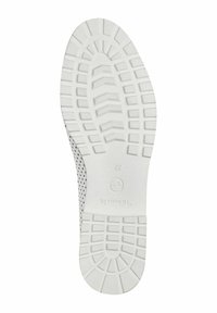 Weißer Schuhsohle mit strukturierter Oberfläche, die erhabene Muster und ein rundes Logo aufweist. Größe mit 37 gekennzeichnet. Entwickelt für Traktion und Haltbarkeit.