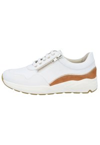 White sneaker with a tan leather accent, featuring a side zipper, lace closure, and thick white sole. Smooth texture with a sporty design.